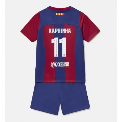 Fotbalové Dres Barcelona Raphinha Belloli #11 Dětské Domácí 2023-24 Krátký Rukáv (+ trenýrky)